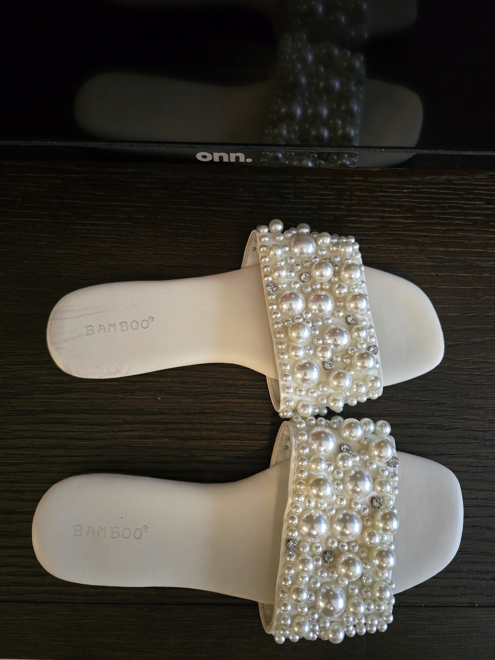 Bamboo Pearl-Embellished White Slide Sandals - Bamboo - Picture 2 of 5